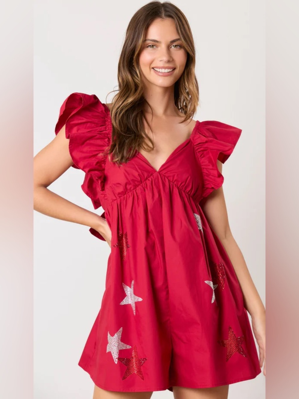 Peach Love L Red Star Rhinestone Ruffle Sleeve Romper